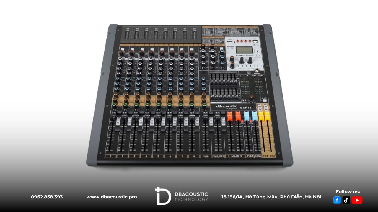 Mixer DBAcoustic MXF12 là bàn mixer chuyên nghiệp tích hợp DSP 48-bit