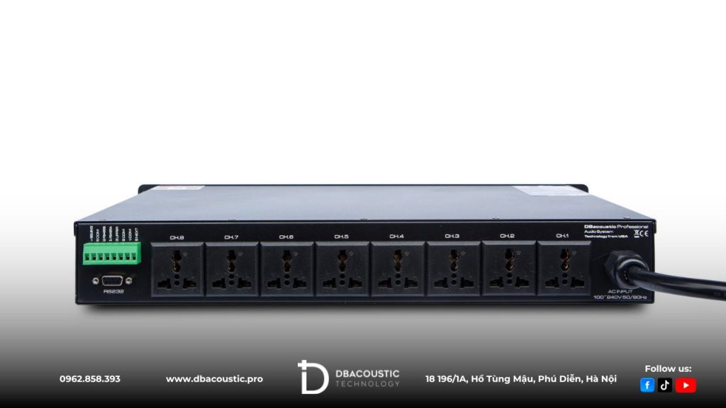 DBAcoustic SP10 Pro trang bị 8 ổ cắm nguồn chính (CH1–CH8).