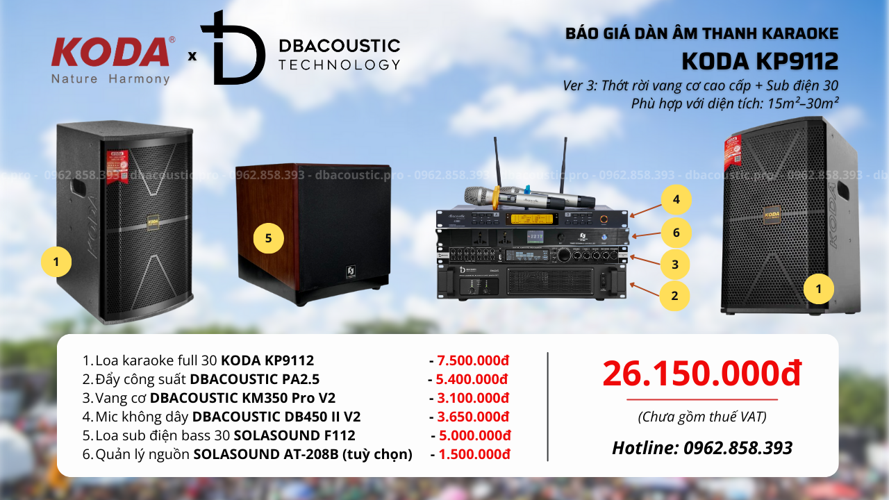 Cấu hình 3 bộ dàn karaoke KODA KP9112 trang bị thớt rời vang cơ cao cấp cộng sub điện 30